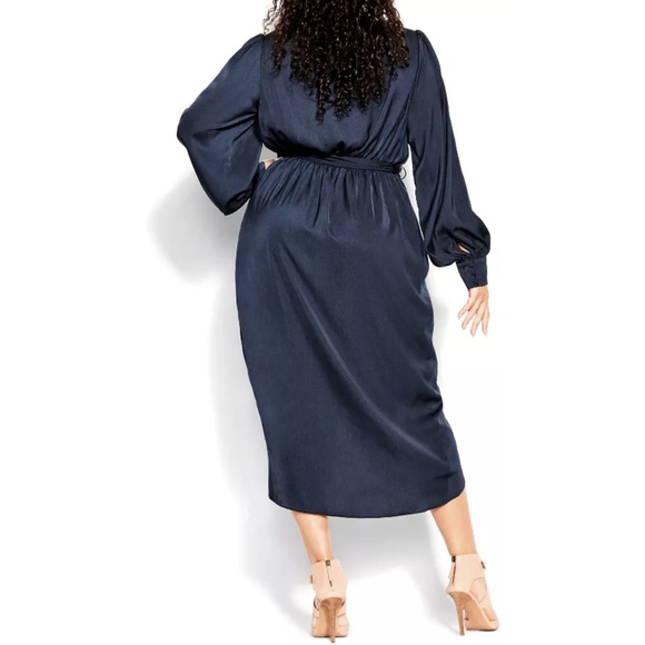NEW City Chic Opulent Faux Wrap Long Sleeve Belted Midi Dress in Navy Sz. 24 - Picture 4 of 6
